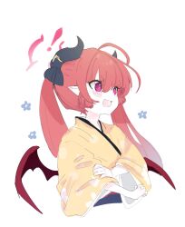 Rule 34 | 1girl, blue archive, cropped torso, halo, highres, horns, japanese clothes, junko (blue archive), junko (new year) (blue archive), kimono, long hair, long sleeves, open mouth, pointy ears, purple eyes, red hair, red wings, simple background, sk39z, smile, solo, twintails, upper body, white background, wide sleeves, wings, yellow kimono
