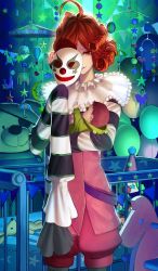 Rule 34 | 1girl, ahoge, balloon, brown hair, clown, clown mask, commentary request, craft essence (fate), crib, curly hair, doll, fate/extra, fate/grand order, fate (series), holding, holding baby, holding mask, long sleeves, looking at viewer, mask, mobile, official art, okojo, ranruu-kun, rocking horse, short hair, sleeves past fingers, sleeves past wrists, striped sleeves, stuffed animal, stuffed toy