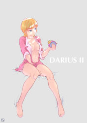 Rule 34 | 1girl, absurdres, alarm clock, bare legs, barefoot, between legs, blonde hair, blue eyes, breasts, clock, collarbone, copyright name, darius (series), full body, grey background, hand between legs, highres, holding, legs, medium breasts, navel, open clothes, pajamas, roma no fuhiga, short hair, sitting, sleeves rolled up, solo, striped, taito, thighs, tiat young, vertical stripes