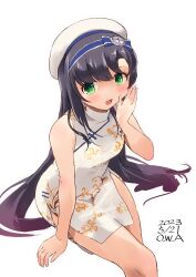 Rule 34 | 1girl, alternate costume, black hair, blue ribbon, blush, china dress, chinese clothes, dated, dress, freckles, gradient hair, green eyes, hat, highres, kantai collection, long hair, long sleeves, matsuwa (kancolle), multicolored hair, open mouth, owa (ishtail), purple hair, ribbon, sailor hat, sitting, solo, twitter username, white dress