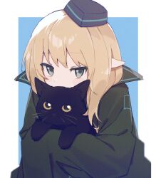 Rule 34 | 1girl, animal, animal ear fluff, animal hug, arknights, black cat, black hat, black jacket, blue background, blush stickers, cat, commentary request, covered mouth, durin (arknights), garrison cap, grey hair, hat, highres, jacket, light brown hair, long sleeves, looking at viewer, odjikasu, one-hour drawing challenge, pointy ears, sleeves past fingers, sleeves past wrists, solo, tilted headwear, two-tone background, upper body, white background, yellow eyes
