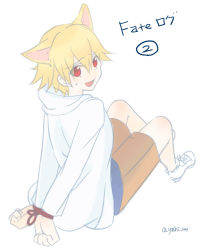 Rule 34 | 1boy, animal ears, blonde hair, bound, bound wrists, cat ears, child, child gilgamesh (fate), fate/grand order, fate/hollow ataraxia, fate (series), gilgamesh (fate), hood, hoodie, iura (t123123), looking at viewer, looking back, male focus, open mouth, red eyes, shorts, simple background, sitting, sweatdrop, white background, white hoodie