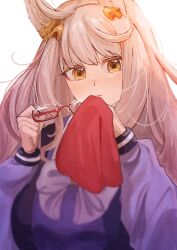 Rule 34 | 1girl, animal ears, biwa hayahide (umamusume), bow, cleaning glasses, closed mouth, commentary request, ear ornament, grey hair, hair ornament, highres, horse ears, horse girl, long hair, long sleeves, looking at viewer, puffy sleeves, purple serafuku, red-framed eyewear, sailor collar, school uniform, semi-rimless eyewear, serafuku, solo, tracen school uniform, umamusume, upper body, white bow, winter uniform, wooqa, yellow eyes