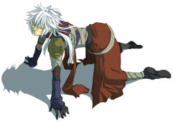 Rule 34 | 1boy, all fours, alternate color, arm warmers, armor, assassin (ragnarok online), azumi on, bandages, black footwear, black gloves, cape, closed mouth, commentary request, elbow gloves, expressionless, full body, gloves, green eyes, hair between eyes, long hair, looking to the side, male focus, pauldrons, pointy ears, purple shirt, ragnarok online, red cape, red scarf, scarf, shirt, shoes, shoulder armor, simple background, solo, waist cape, white background, white hair