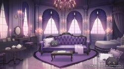 Rule 34 | bed, bedroom, birdcage, blanket, book, cage, candelabra, candle, candlestand, canopy bed, chair, chandelier, copyright notice, couch, cup, curtains, cushion, drawing (object), frills, indoors, mirror, no humans, official art, open book, purple theme, rug, sachi (yumemayoi), scenery, stool, stuffed demon, stuffed toy, sugar bowl, table, teacup, teapot, vanity table, vlash, window