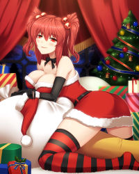 Rule 34 | 1girl, alternate costume, bare shoulders, breasts, choker, christmas, christmas tree, cleavage, fumizuki homura, gift, hair bobbles, hair ornament, hat, large breasts, looking at viewer, onozuka komachi, red eyes, red hair, santa costume, santa hat, short hair, solo, striped clothes, striped thighhighs, thighhighs, touhou, twintails, two side up, unworn hat, unworn headwear