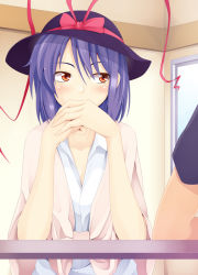 Rule 34 | 1girl, bad id, bad pixiv id, blush, covering own mouth, hat, looking at another, nagae iku, ogami kazuki, own hands together, purple hair, red eyes, revision, short hair, solo, touhou