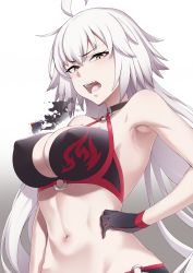 Rule 34 | 1girl, ahoge, bare shoulders, bikini, black bikini, black gloves, breasts, choker, cleavage, collarbone, commentary request, fate/grand order, fate (series), gloves, groin, hair between eyes, highres, jeanne d&#039;arc alter (fate), jeanne d&#039;arc alter (swimsuit berserker) (fate), large breasts, long hair, looking at viewer, lowleg, midriff, mku, navel, o-ring, o-ring bikini, open mouth, solo, stomach, swimsuit, very long hair, white background, white hair, yellow eyes