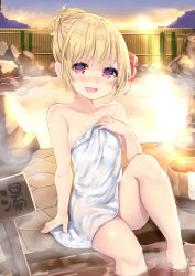 Rule 34 | 1girl, :d, arm at side, arm support, barefoot, bath, blonde hair, blush, breasts, bucket, collarbone, covering privates, eyebrows, fang, fence, hair bun, hair up, highres, knee up, looking at viewer, naked towel, nude cover, onsen, open mouth, red eyes, rock, rumia, shiny skin, short hair, single hair bun, sitting, sky, small breasts, smile, soaking feet, solo, steam, touhou, towel, water, white towel, wooden bucket, wooden fence, wowoguni