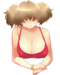 Rule 34 | 1girl, ahoge, bare shoulders, bracelet, breasts, brown hair, cleavage, dress, gem, hair over eyes, jewelry, large breasts, nail polish, naso4, no bra, original, pearl (gemstone), red dress, short hair, short twintails, simple background, smile, solo, spaghetti strap, twintails, upper body, white background