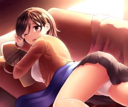 Rule 34 | 1girl, ass, brown eyes, brown hair, commentary request, couch, highres, long sleeves, looking at viewer, looking back, lying, neit ni sei, on stomach, one eye closed, open mouth, original, panties, pantyshot, shirt, skirt, solo, sweater, underwear, white panties
