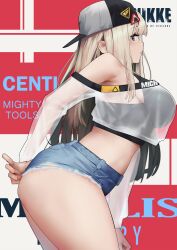 Rule 34 | 1girl, absurdres, ass, bare shoulders, black shirt, black tank top, blonde hair, blue eyes, blush, breasts, centi (nikke), centi (supreme holiday) (nikke), character name, curvy, denim, denim shorts, gloomyowl, goddess of victory: nikke, hat, highres, jacket, large breasts, long hair, long sleeves, looking at viewer, midriff, off shoulder, pants, see-through, see-through jacket, shirt, short shorts, shorts, solo, standing, tank top, thick thighs, thighs, tight clothes, tight pants