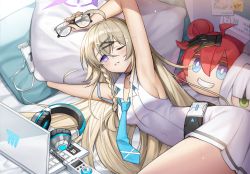 Rule 34 | 1girl, armpits, bad id, bad pixiv id, bed, belt, blonde hair, blue archive, blush, breasts, character doll, commentary request, computer, unworn eyewear, glasses, headphones, highres, kotama (blue archive), laptop, long hair, necktie, one eye closed, pillow, purple eyes, school uniform, small breasts, solo, waking up