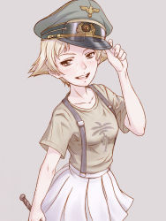 Rule 34 | 10s, 1girl, :d, blonde hair, blush, breasts, brown eyes, cowboy shot, erwin (girls und panzer), girls und panzer, goggles, goggles on headwear, grey background, grey eyes, hat, hat tip, highres, holding, looking at viewer, military, military hat, miniskirt, open mouth, peaked cap, pleated skirt, profile, shirt, short hair, short sleeves, simple background, skirt, small breasts, smile, solo, suspenders, t-shirt, yoshikawa kazunori
