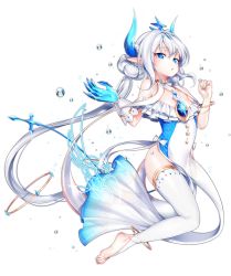 Rule 34 | 1girl, alternate costume, alternate hairstyle, anklet, aqua nails, bad id, bad pixiv id, barefoot, blue eyes, braid, brooch, choker, double bun, elsword, french braid, full body, gloves, hair bun, highres, horns, jewelry, long hair, looking at viewer, luciela r. sourcream, nail polish, noblesse (elsword), parted lips, single glove, solo, tanjel, thighhighs, toe ring, toeless legwear, toenail polish, toenails, toes, transparent background, twintails, white background, white hair, white thighhighs