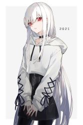 Rule 34 | 1girl, 2021, absurdres, black collar, black pantyhose, black skirt, collar, commentary request, drawstring, eisuto, eyebrows hidden by hair, grey background, head tilt, highres, hood, hood down, hoodie, long hair, long sleeves, looking at viewer, nail polish, original, pantyhose, parted lips, puffy long sleeves, puffy sleeves, red eyes, red nails, skirt, sleeves past wrists, solo, two-tone background, very long hair, white background, white hair, white hoodie