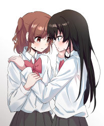 Rule 34 | 2girls, absurdres, aijou karen, black hair, blush, bow, bowtie, brown eyes, brown hair, closed mouth, collared shirt, cowboy shot, eye contact, face-to-face, from side, gradient background, grey background, grey skirt, hair between eyes, hand on another&#039;s arm, hand on another&#039;s cheek, hand on another&#039;s face, hand on another&#039;s shoulder, hand up, hands up, highres, kagura hikari, long hair, long sleeves, looking at another, multiple girls, one side up, pleated skirt, po (44popo44popo), profile, red bow, red bowtie, school uniform, seishou music academy uniform, shirt, shirt tucked in, short hair, shoujo kageki revue starlight, skirt, standing, sweatdrop, very long hair, wavy mouth, white background, white shirt, yuri