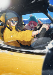 Rule 34 | 2girls, absurdres, blue-framed eyewear, blue headwear, blue sky, brown hair, car, car interior, commentary request, day, driving, fang, glasses, hat, highres, hood, hoodie, long hair, long sleeves, motor vehicle, multiple girls, one eye closed, open mouth, original, outdoors, pink hair, sky, smile, steering wheel, sweater, white hoodie, winter, yellow sweater, you&#039;a