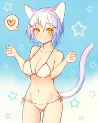 Rule 34 | 1girl, animal ears, bad id, bad pixiv id, bikini, blush, breasts, cat ears, cat girl, cat tail, cleavage, closed mouth, fang, hair ornament, heart, highres, large breasts, light purple hair, looking at viewer, navel, orange eyes, original, short hair, side-tie bikini bottom, smile, solo, spoken heart, standing, sukemyon, swimsuit, tail, w arms, white bikini, x hair ornament