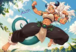 Rule 34 | 1girl, 2024, abs, artist name, barefoot, bartondh, belt, black nails, black pants, blue sky, breasts, chinese new year, clenched hands, cloud, cloudy sky, detailed knuckles, dragon, dragon girl, dragon horns, dragon tail, facial tattoo, fang, feet, fingernails, flexing, forest, fur-trimmed legwear, fur-trimmed pants, fur trim, gem, green gemstone, high jump, highres, horns, jumping, large breasts, leaf, leaf clothing, loincloth, long hair, looking at viewer, looking down, messy hair, midriff, monster girl, muscular, muscular female, nail polish, nature, navel, new year, original, outdoors, pants, raised fists, rope around wrist, sharp toenails, shiny skin, signature, sky, smile, sports bra, sunset, sword, tail, tan, tattoo, thick thighs, thighs, toenail polish, toenails, tree, tribal tattoo, weapon, western dragon, white hair, white sports bra, wristband