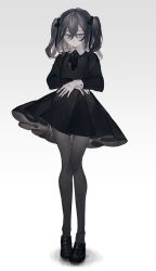 Rule 34 | 1girl, bad id, bad pixiv id, black dress, black footwear, black ribbon, closed mouth, collared dress, dress, full body, gradient background, grey background, grey eyes, grey hair, grey pantyhose, gwen (g90z  ), hair between eyes, highres, legs together, long sleeves, looking down, neck ribbon, original, pale skin, pantyhose, ribbon, shoes, solo, standing, twintails