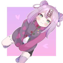 Rule 34 | 1girl, blush, boogey voxx, breasts, closed mouth, double bun, green eyes, hair bun, highres, jacket, jiangshi, jiangshi no ci-chan, looking at viewer, medium hair, multicolored clothes, multicolored hair, multicolored jacket, ofuda, patchwork skin, pink hair, pink jacket, purple footwear, purple hair, purple jacket, shirt, shishio chris (artist), shoes, sleeves past fingers, sleeves past wrists, small breasts, smile, solo, stitches, streaked hair, two-tone jacket, virtual youtuber, white shirt, zipper