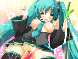 Rule 34 | 1girl, aqua eyes, aqua hair, bad id, bad pixiv id, black skirt, blush, breasts, censored, detached sleeves, dildo, emily (pure dream), hatsune miku, headphones, headset, long hair, medium breasts, miniskirt, necktie, nipples, open clothes, open mouth, open shirt, pee, peeing, pleated skirt, sex toy, shirt, skirt, solo, spring onion, tears, thighhighs, twintails, very long hair, vocaloid, yamaha