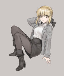 Rule 34 | 1girl, absurdres, artoria pendragon (all), artoria pendragon (fate), black footwear, black legwear, black skirt, blazer, blonde hair, boots, fate/stay night, fate (series), full body, grey background, grey eyes, hair between eyes, hand in own hair, highres, jacket, long sleeves, looking at viewer, miniskirt, none (kameko227), open clothes, open jacket, panties, pantyshot, pencil skirt, saber alter, short hair, sidelocks, simple background, skirt, solo, sweater, turtleneck, turtleneck sweater, underwear, white sweater