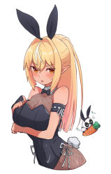 Rule 34 | 1girl, alternate costume, animal ears, armband, black bow, black bowtie, black gloves, black leotard, black pantyhose, blonde hair, blush, bodysuit, bow, bowtie, breasts, bridal gauntlets, carrot, cleavage, commentary, cowboy shot, cropped torso, dark-skinned female, dark skin, detached collar, fake animal ears, fake tail, fishnet bodysuit, fishnet pantyhose, fishnets, gloves, hair between eyes, hand on own chest, hololive, kintsuba (shiranui flare), leotard, long hair, looking at viewer, medium breasts, multicolored hair, open mouth, orange eyes, pantyhose, playboy bunny, pointy ears, ponytail, rabbit ears, rabbit tail, sasaki (glass1138), see-through, see-through cleavage, shiranui flare, simple background, solo, streaked hair, tail, two-tone hair, virtual youtuber, white background, white hair