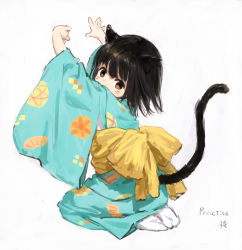 1girl animal_ears back_bow black_hair blue_kimono bow brown_eyes cat_ears cat_girl cat_tail closed_mouth eyebrows_hidden_by_hair facial_mark full_body highres japanese_clothes kimono long_sleeves looking_at_viewer looking_to_the_side no_shoes obi original print_kimono sash seiza sho_(sho_lwlw) sitting socks soles solo tail tail_raised whisker_markings white_socks wide_sleeves yellow_bow