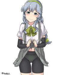 Rule 34 | 1girl, absurdres, arm warmers, bike shorts, blush, bow, bowtie, braid, clothes lift, green panties, grey eyes, hair ornament, hairband, highres, kantai collection, kiritto, lifting own clothes, long hair, looking at viewer, panties, panties under shorts, pleated skirt, remodel (kantai collection), shirt, silver hair, simple background, single braid, skirt, skirt lift, smile, solo, suspenders, twitter username, underwear, wavy hair, white background, white shirt, yamagumo (kancolle)
