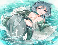 Rule 34 | 1girl, areola slip, blue eyes, blue hair, blush, breasts, commentary, commission, commissioner upload, drill hair, drill sidelocks, english commentary, fins, full body, green kimono, head fins, highres, japanese clothes, kimono, large breasts, looking at viewer, massakasama, mermaid, monster girl, navel, open mouth, outdoors, short hair, sidelocks, solo, touhou, wading, wakasagihime