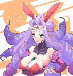 Rule 34 | 1girl, alternate costume, animal ears, breasts, bridal gauntlets, bunny day, character name, colored shadow, commentary request, cropped torso, drill hair, drill sidelocks, drop shadow, fake animal ears, forehead jewel, gem, green eyes, green gemstone, hair intakes, heart, heart hands, highres, large breasts, leotard, long hair, looking at viewer, nagifujisawa, open mouth, pointy ears, purple bridal gauntlets, purple hair, ragnarok online, red leotard, scales, shadow, sidelocks, solo, star (symbol), upper body, white background, witch zilant