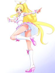 Rule 34 | 10s, 1girl, agahat, ass, blonde hair, boots, choker, cure rhythm, eyelashes, full body, green eyes, highres, knee boots, long hair, minamino kanade, panties, ponytail, precure, simple background, socks, solo, suite precure, underwear, white background, white choker, white panties, wrist cuffs