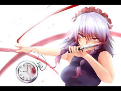 Rule 34 | 1girl, bad id, bad perspective, bad pixiv id, blood, braid, embodiment of scarlet devil, female focus, highres, izayoi sakuya, knife, letterboxed, maid headdress, pnoji, pocket watch, red eyes, reverse grip, short hair, silver hair, simple background, solo, throwing knife, touhou, twin braids, upper body, watch, weapon, white background