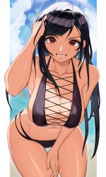 Rule 34 | 1girl, absurdres, adjusting hair, bikini, black bikini, black hair, blue sky, breasts, cleavage, cloud, collarbone, earrings, final fantasy, final fantasy vii, grin, hand on own thigh, hand up, highres, jewelry, large breasts, leaning forward, navel, pillarboxed, red eyes, sky, smile, solo, stomach, swimsuit, temoc, thighs, tifa lockhart