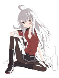 Rule 34 | 10s, ahoge, alcohol, bad id, bad pixiv id, bandages, black gloves, boots, breasts, cleavage, cnm, facial scar, gangut (kancolle), gloves, grey hair, highres, jacket, kantai collection, long hair, looking at viewer, medium breasts, military, military jacket, miniskirt, panties, pantyhose, pantyshot, patch, plaster, red eyes, red shirt, remodel (kantai collection), russian text, scar, scar on cheek, scar on face, shirt, sitting, skirt, underwear, vodka, white background