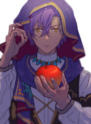 Rule 34 | 1boy, apple, arabian clothes, closed mouth, commentary request, crossed bangs, dark-skinned male, dark skin, earrings, ensemble stars!, fingernails, food, fruit, gold trim, hair between eyes, hands up, highres, holding, holding food, holding fruit, jewelry, long sleeves, looking at viewer, male focus, necklace, otogari adonis, parted bangs, puffy long sleeves, puffy sleeves, purple hair, purple scarf, purple veil, scarf, shirt, sidelocks, simple background, single earring, sleepwildbear, solo, tassel, upper body, v-shaped eyebrows, veil, white background, white shirt, yellow eyes