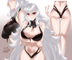 Rule 34 | 1girl, arms under breasts, ass, azur lane, bare shoulders, bikini, black bikini, black bow, blush, bow, breasts, butt crack, cleavage, clothing cutout, crossed arms, crossed bangs, gradient background, graf zeppelin (azur lane), graf zeppelin (beachside urd) (azur lane), highleg, highleg bikini, kurozawa yui, large breasts, long hair, looking at viewer, multiple views, navel, navel cutout, open mouth, red eyes, silver hair, swimsuit, thighs