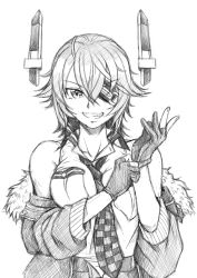 Rule 34 | 1girl, breast pocket, breasts, coat, collar, cowboy shot, eyepatch, fang, fur trim, gloves, greyscale, grin, headgear, highres, kantai collection, large breasts, looking at viewer, majin go!, messy hair, monochrome, necktie, partially fingerless gloves, pocket, shirt, sketch, smile, solo, teeth, tenryuu (kancolle), white shirt