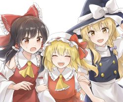 Rule 34 | 3girls, :d, :o, ^ ^, apron, ascot, bare shoulders, black headwear, black skirt, black vest, blonde hair, bow, braid, breasts, brown eyes, brown hair, buttons, chest sarashi, closed eyes, collared shirt, commentary request, detached sleeves, fang, flandre scarlet, frilled ascot, frilled bow, frilled shirt collar, frilled skirt, frills, hair bow, hakurei reimu, happy, hat, hat bow, hat ribbon, kirisame marisa, long hair, long sleeves, medium hair, mob cap, multiple girls, open mouth, ponytail, puffy short sleeves, puffy sleeves, red bow, red ribbon, red skirt, red vest, reimu tyuki, ribbon, sarashi, shirt, short sleeves, side braid, side ponytail, simple background, skirt, skirt set, small breasts, smile, sweatdrop, touhou, vest, waist apron, white apron, white background, white bow, white headwear, white shirt, wide sleeves, witch, witch hat, yellow ascot
