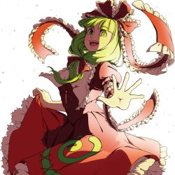 Rule 34 | 1girl, blunt bangs, bow, cowboy shot, dress, frilled bow, frilled dress, frilled ribbon, frills, from side, front ponytail, green eyes, green hair, hair bow, hands up, highres, holding, holding clothes, holding dress, kagiyama hina, long hair, looking at viewer, mefomefo, open mouth, outstretched arm, puffy short sleeves, puffy sleeves, red dress, ribbon, shadow, short sleeves, simple background, smile, solo, spread fingers, stitches, touhou, white background