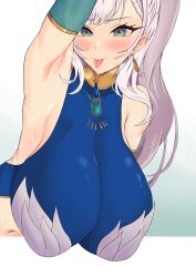 Rule 34 | 1girl, :p, absurdres, alternate breast size, aqua eyes, armpit crease, armpits, bare shoulders, blush, breasts, earrings, grey hair, hanging breasts, highres, hololive, hololive indonesia, huge breasts, jewelry, long hair, navel, pavolia reine, pavolia reine (1st costume), ponytail, rika (akarika057), simple background, tongue, tongue out, upper body, virtual youtuber