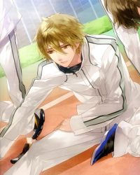 Rule 34 | 1boy, blonde hair, brown hair, dutch angle, expressionless, male focus, miyaji ryunosuke, official art, shoes, sitting, sneakers, solo, starry sky (game), track suit, yellow eyes