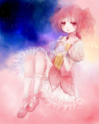 Rule 34 | 10s, 1girl, bad id, bad pixiv id, choker, dress, female focus, full body, gloves, gradient background, hands on own chest, kaname madoka, magical girl, mahou shoujo madoka magica, mahou shoujo madoka magica (anime), pink eyes, pink hair, shimako (alicianna), short hair, sky, solo, twintails, white gloves, wings