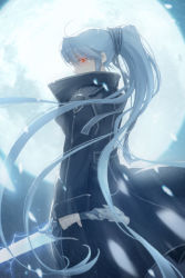 Rule 34 | 1girl, blue hair, coat, long hair, lowres, luthica preventer, moon, red eyes, snow, solo, sword, sword girls, very long hair, weapon