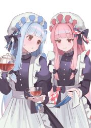 Rule 34 | 2girls, alternate costume, apron, black dress, blue hair, bow, buttons, cup, dress, enmaided, frilled apron, frills, glass teacup, glass teapot, hair bow, hat, hidaka ui, highres, holding, holding cup, holding teapot, kotonoha akane, kotonoha aoi, long sleeves, maid, maid day, matching outfits, mob cap, multiple girls, pink hair, siblings, sisters, standing, tea, teapot, tying apron, upper body, voiceroid, white apron, white background, white hat