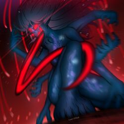 Rule 34 | 1girl, absurdres, artist name, blue skin, breasts, colored skin, commentary, english commentary, extra arms, furui o (lamp159568), glowing, glowing eyes, grey hair, highres, long hair, long tongue, medium breasts, monster girl, motion blur, on one knee, original, red eyes, solo, third eye, tongue