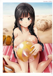Rule 34 | 1girl, absurdres, bag, ball, barefoot, beach, beach towel, beachball, black hair, blunt bangs, braid, breasts, brown eyes, closed mouth, collarbone, color halftone, completely nude, day, fingernails, hair ornament, hair tie, hand up, highres, holding, holding ball, kamelie, kotora (toranoana), large areolae, large breasts, long fingernails, long hair, looking at viewer, mascot, nail polish, navel, nipples, non-web source, nude, outdoors, pink nails, puffy nipples, sand, scan, shiny skin, shoulder bag, sidelocks, sitting, smile, solo, toranoana, towel, twin braids, wariza, water
