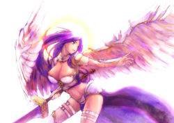 Rule 34 | 1girl, akroma, angel, angel wings, armor, breasts, cleavage, halo, large breasts, legs, long hair, magic: the gathering, purple hair, shiizako you, shizako eu, solo, sword, thigh strap, thighs, weapon, wings